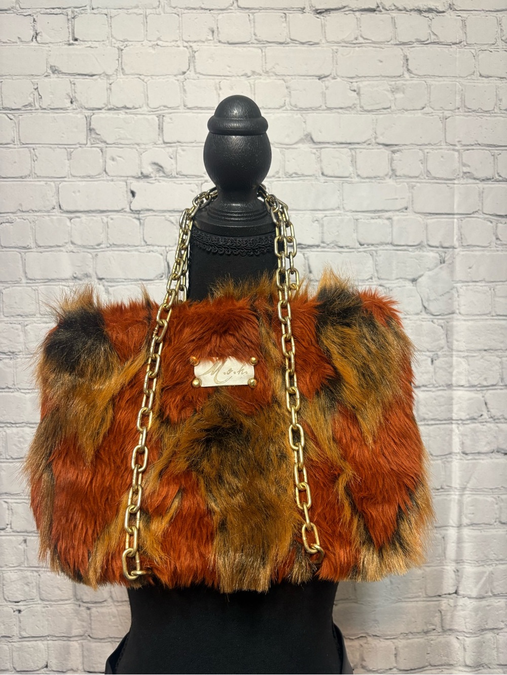 Faux Fur Chain Tote Bag in Rust Multi